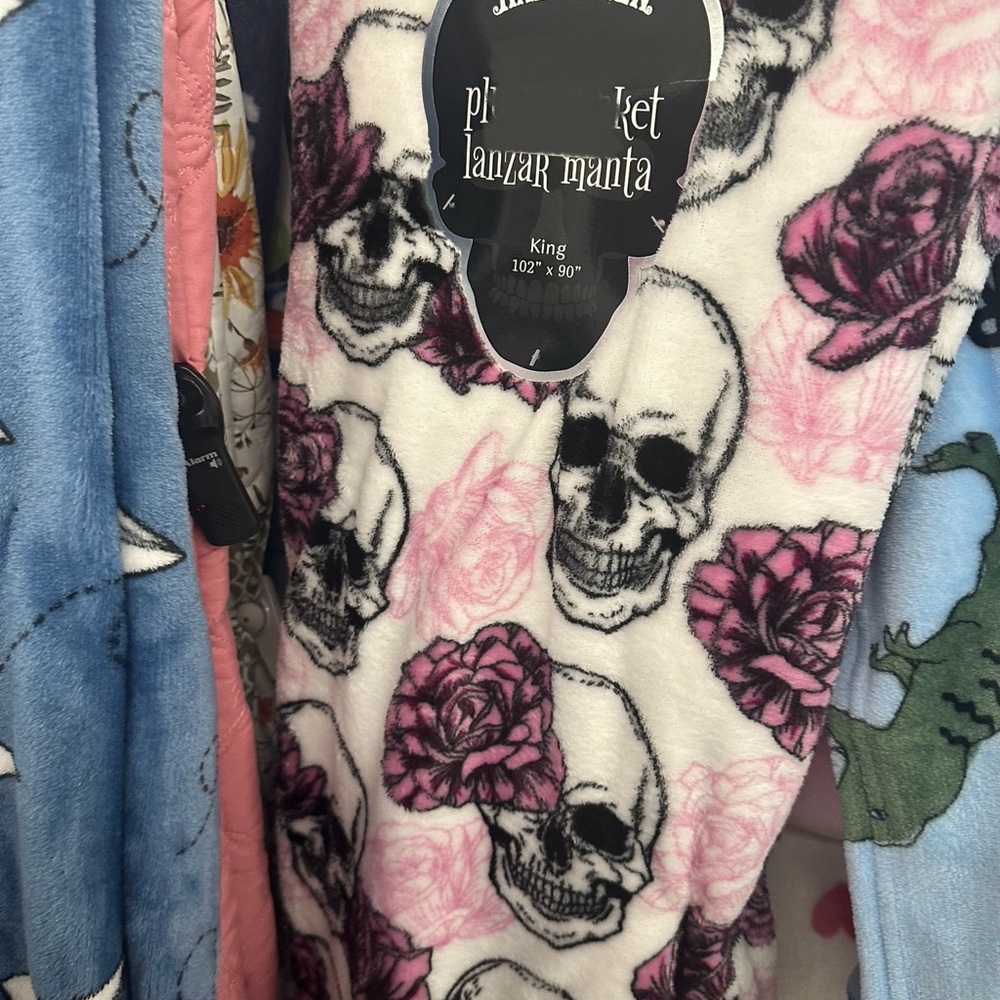 Halloween Skulls and Pink Roses King Size Plush Blanket
